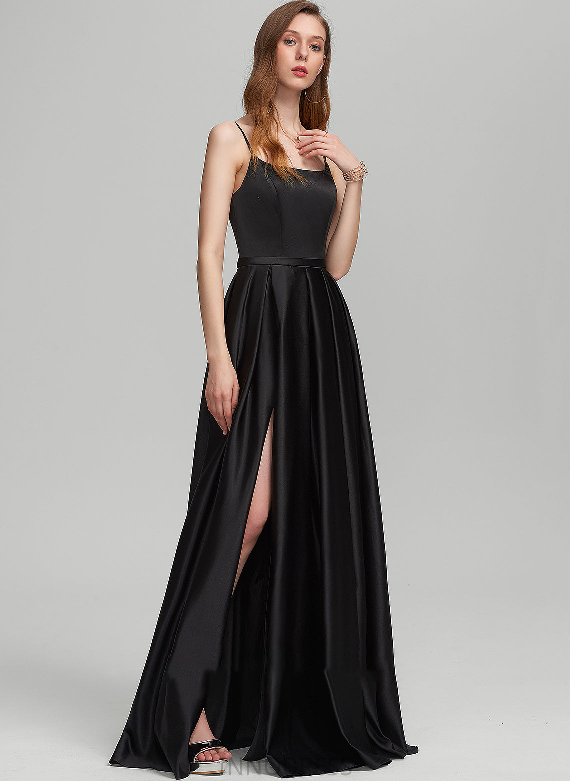 With Kylie Square Pockets Floor-Length Satin A-Line Neckline Split Prom Dresses Front