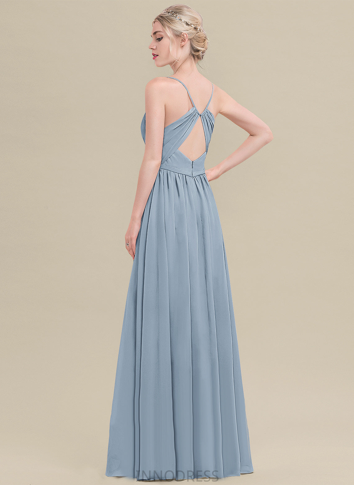 Floor-Length Fabric Pleated Embellishment Silhouette V-neck A-Line Length Neckline Autumn Bridesmaid Dresses