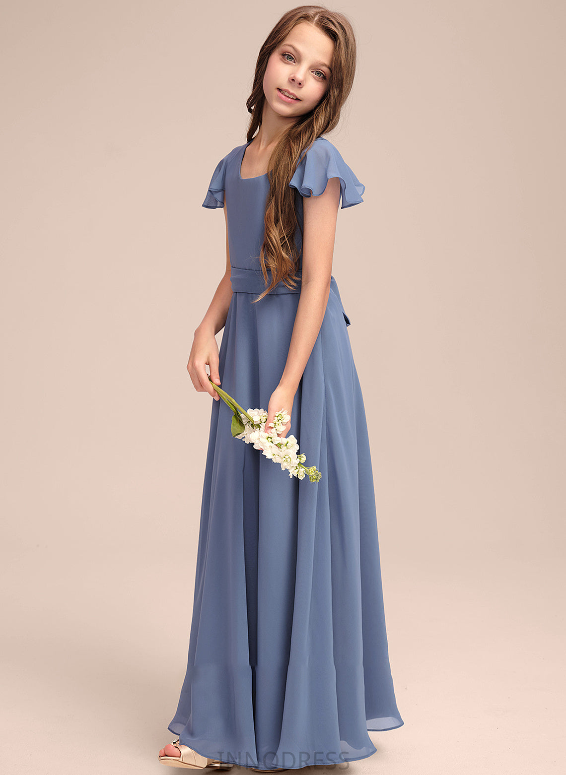 Junior Bridesmaid Dresses A-Line Scoop Neck With Chiffon Chasity Floor-Length Bow(s)