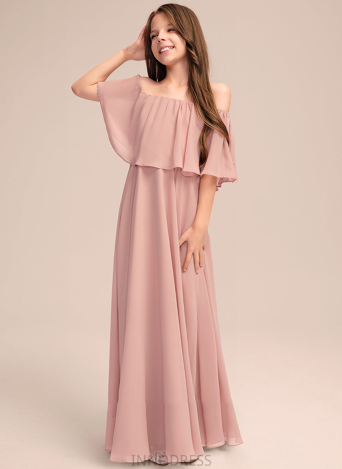 With Hallie A-Line Floor-Length Off-the-Shoulder Ruffle Chiffon Junior Bridesmaid Dresses