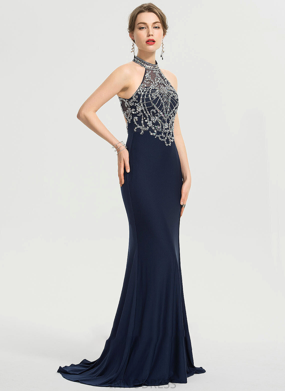 Neck Front Train Split With Sweep Scoop Jersey Prom Dresses Frida Sheath/Column Sequins Beading