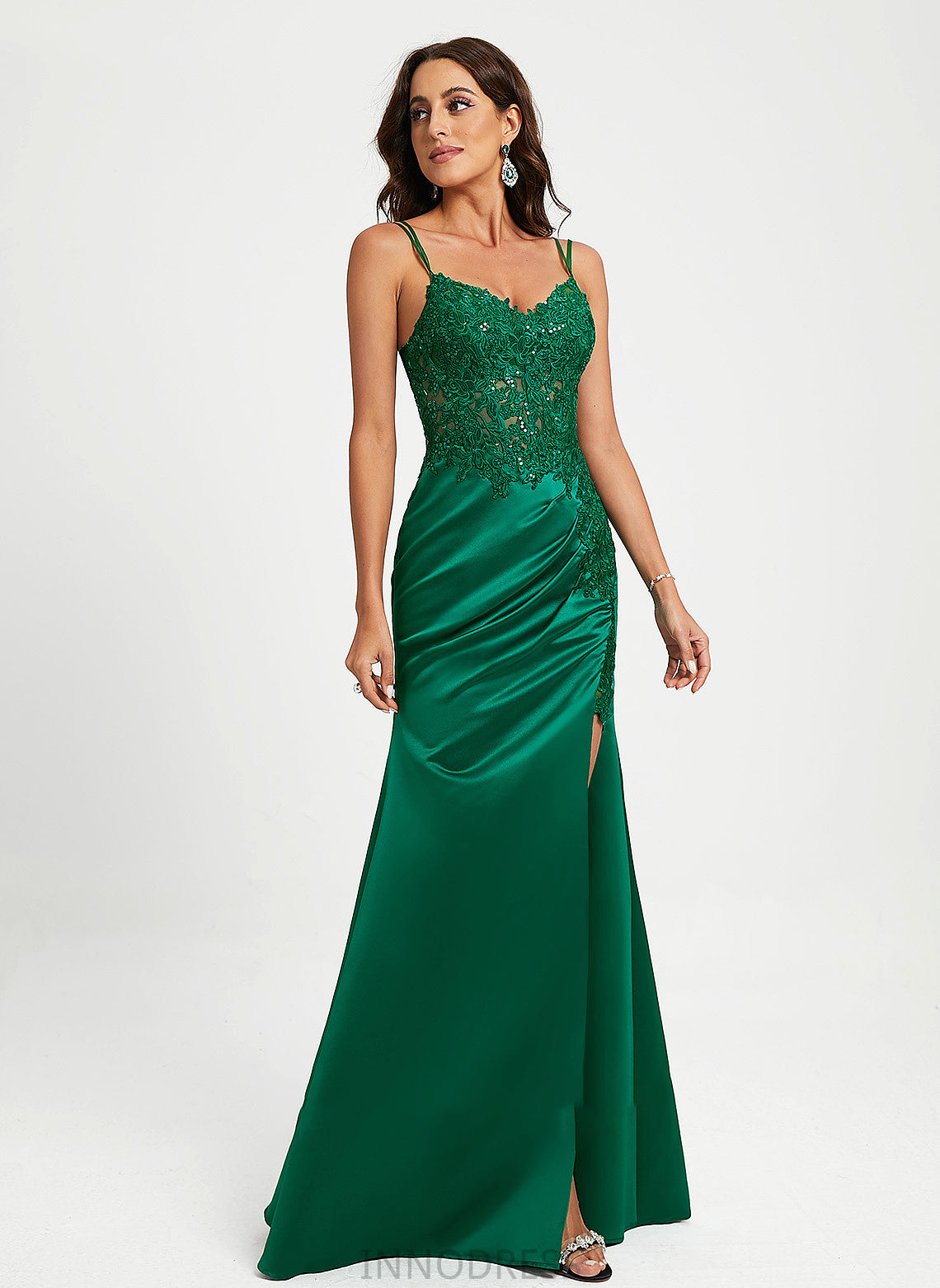 With Satin Prom Dresses Floor-Length Sheath/Column V-neck Sandra Lace Sequins