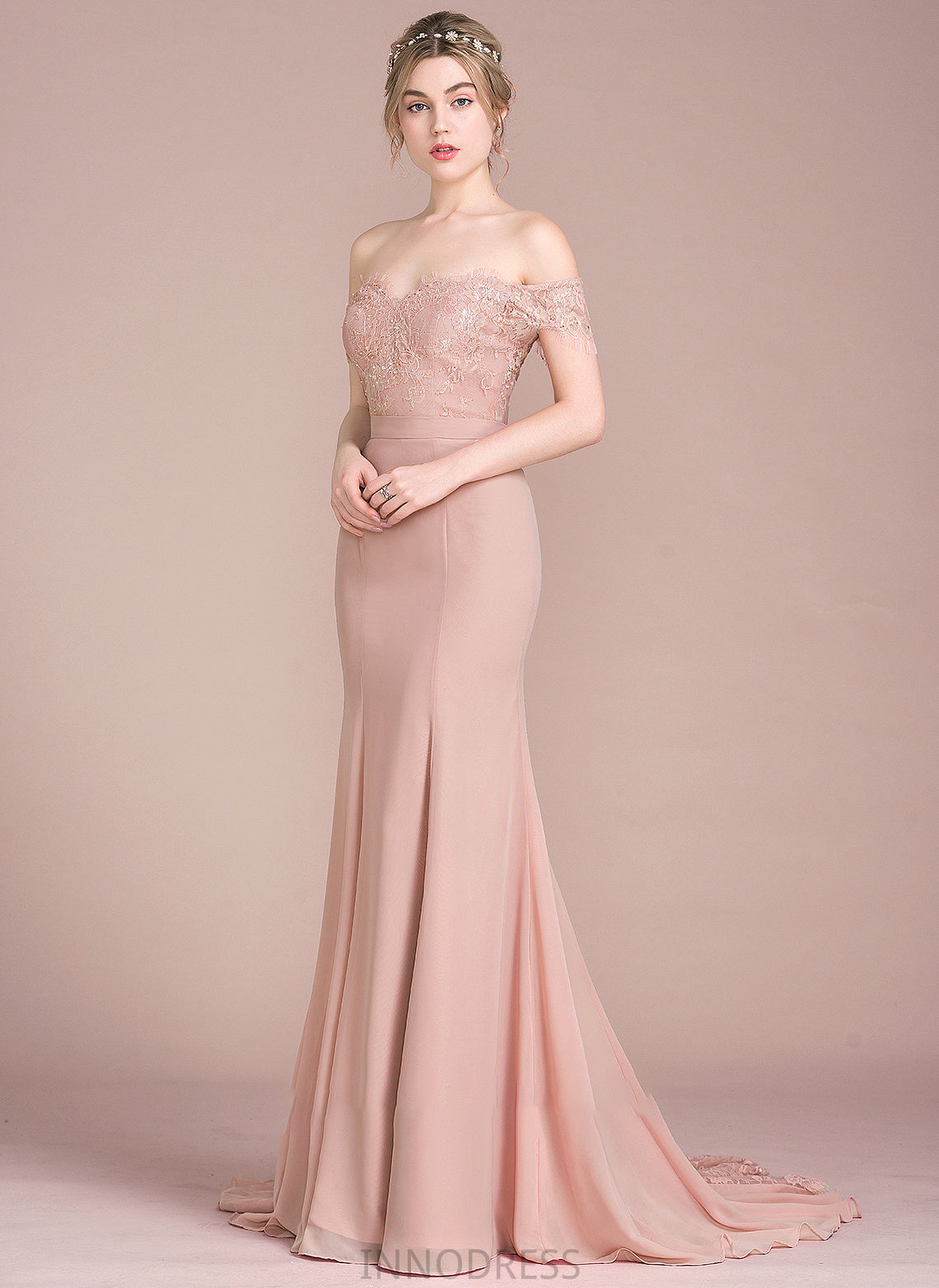 Court Prom Dresses Off-the-Shoulder Trumpet/Mermaid Train Lace Natalee With Chiffon Sequins