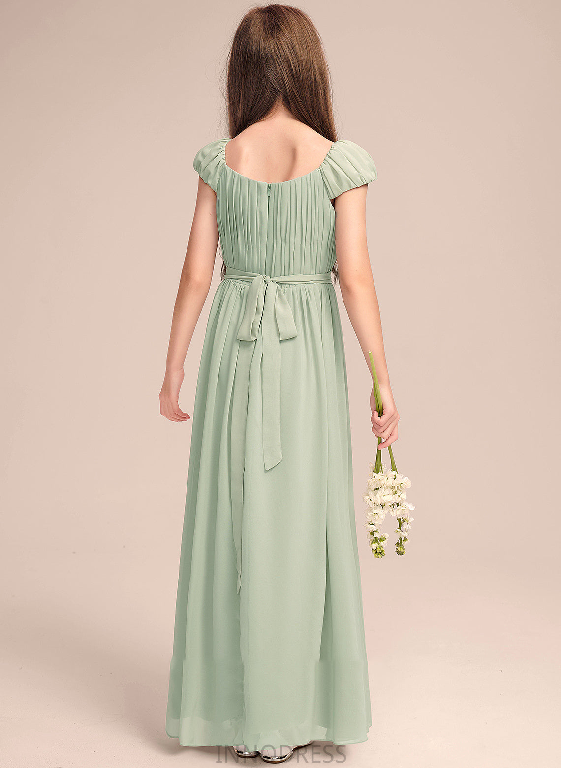 Micah Junior Bridesmaid Dresses Scoop Chiffon A-Line Bow(s) Floor-Length With Neck Ruffle