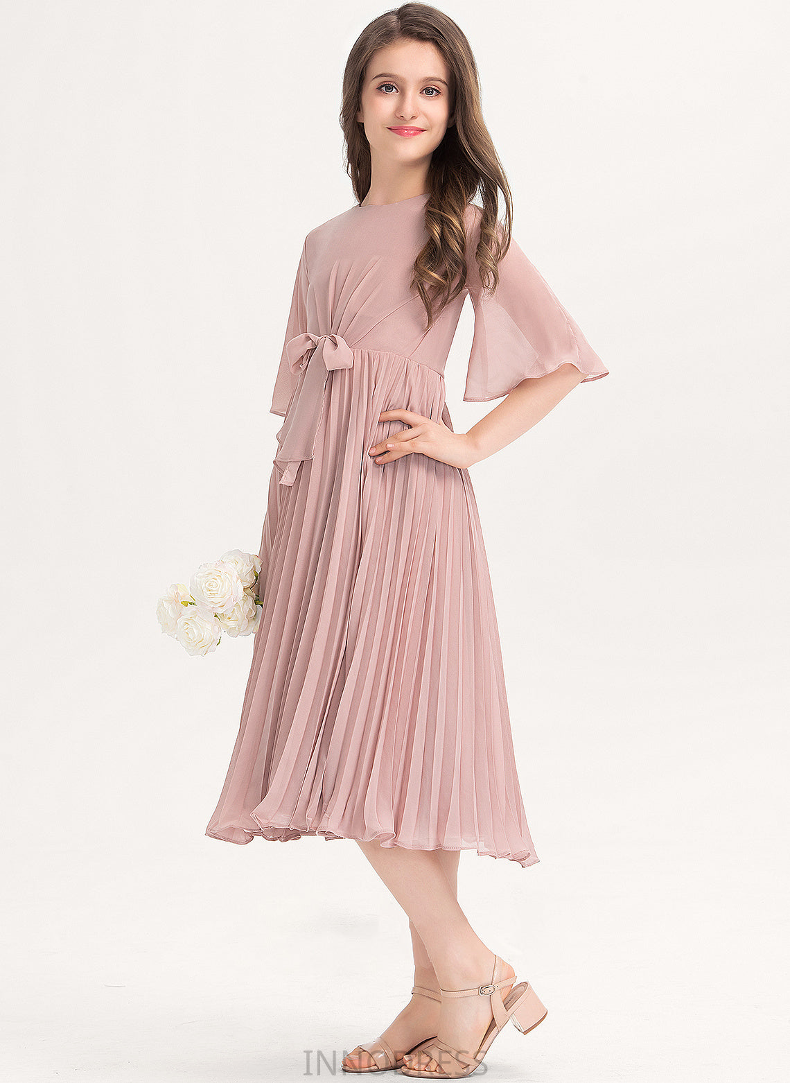 With A-Line Neck Scoop Pleated Junior Bridesmaid Dresses Bow(s) Alia Knee-Length Chiffon