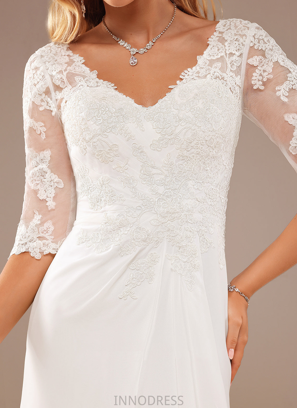 A-Line Chiffon Dress With Wedding Ruffle Lace Lace V-neck Wedding Dresses Asymmetrical Tianna