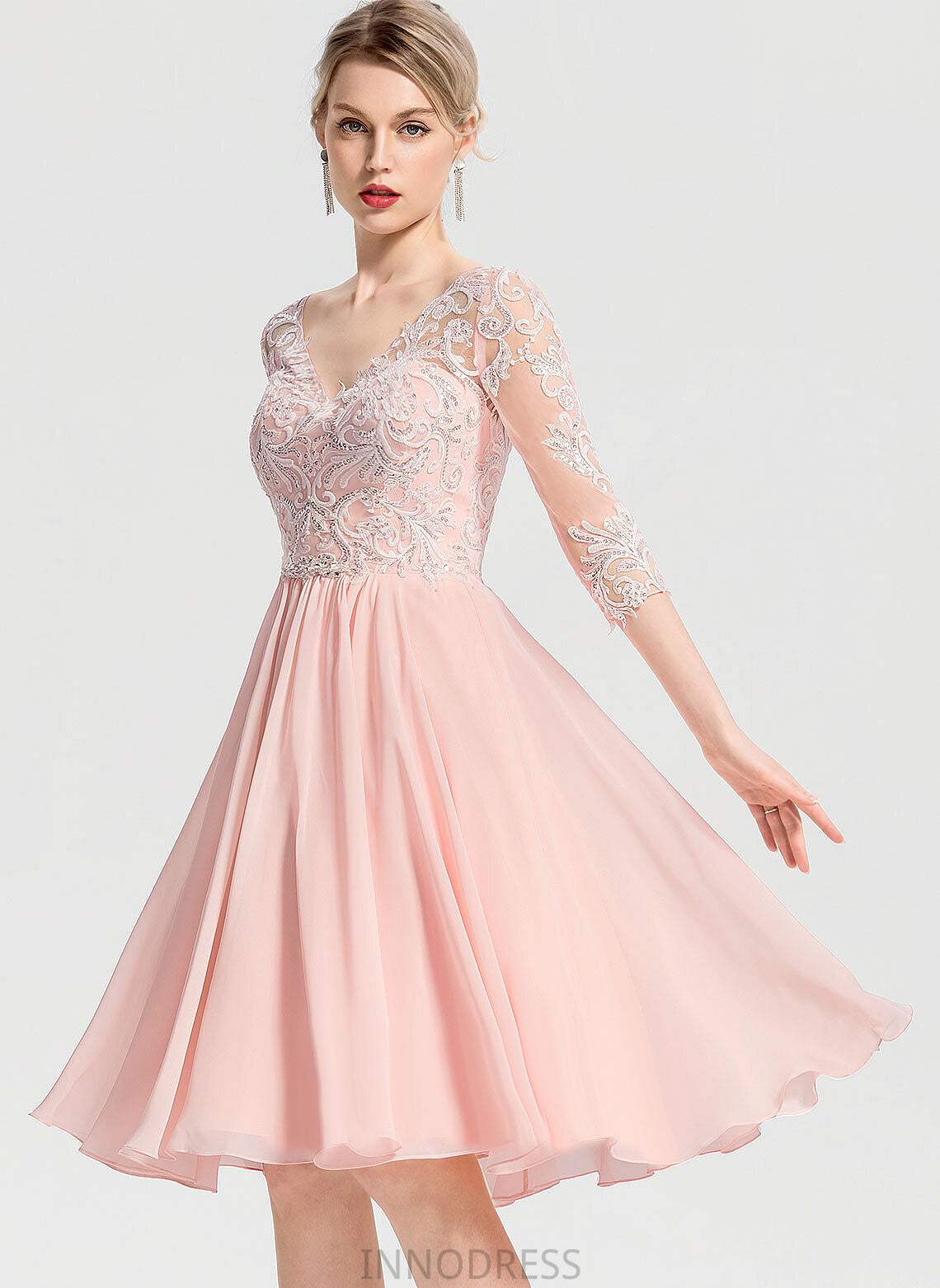 With Lace Knee-Length Theresa Wedding V-neck Dress A-Line Wedding Dresses Chiffon Beading