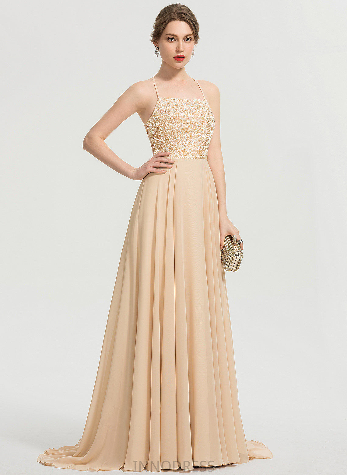 Beading Train Tianna Prom Dresses Chiffon Neckline Square A-Line Sequins With Sweep