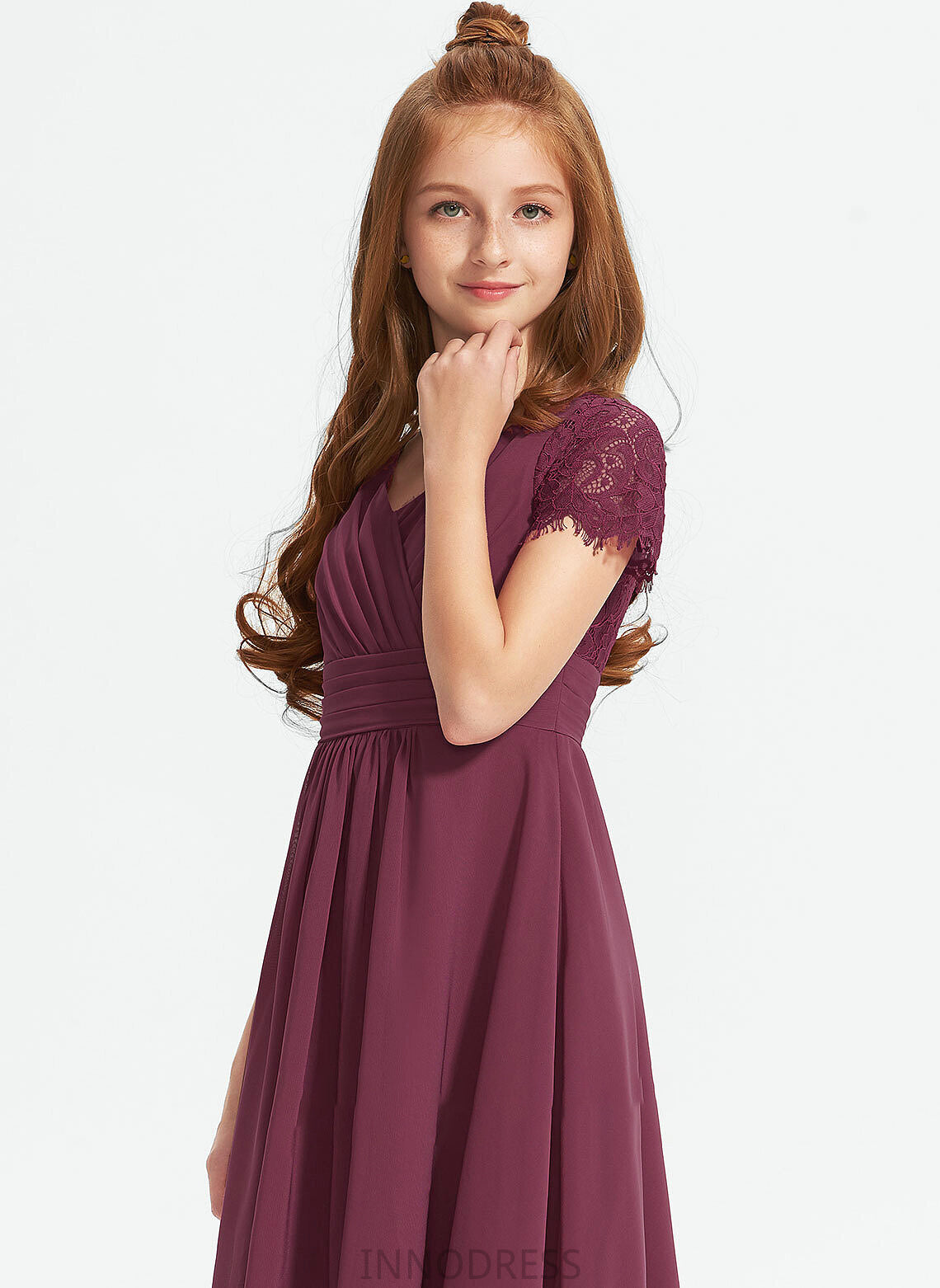 Asymmetrical With A-Line Chiffon Junior Bridesmaid Dresses Ruffle V-neck Lace Jaida