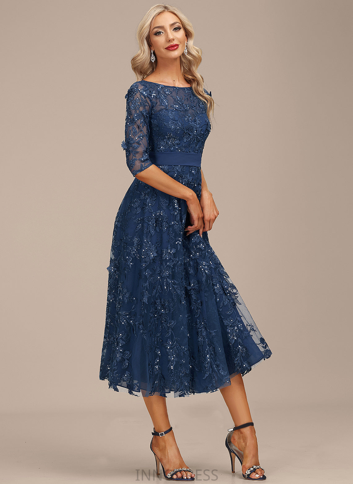 Dress Chiffon Lace Cocktail With A-Line Scoop Cocktail Dresses Sequins Tea-Length Hedwig Neck