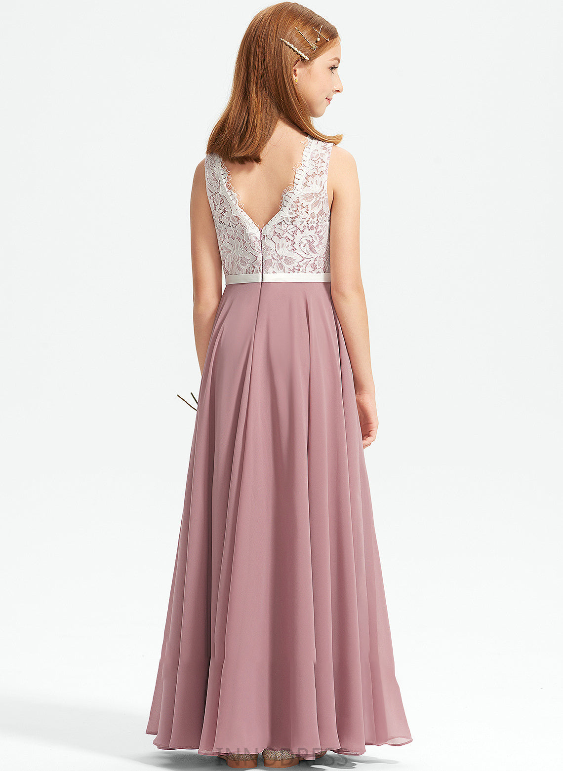 V-neck Floor-Length A-Line Junior Bridesmaid Dresses Lace Chiffon Kylie