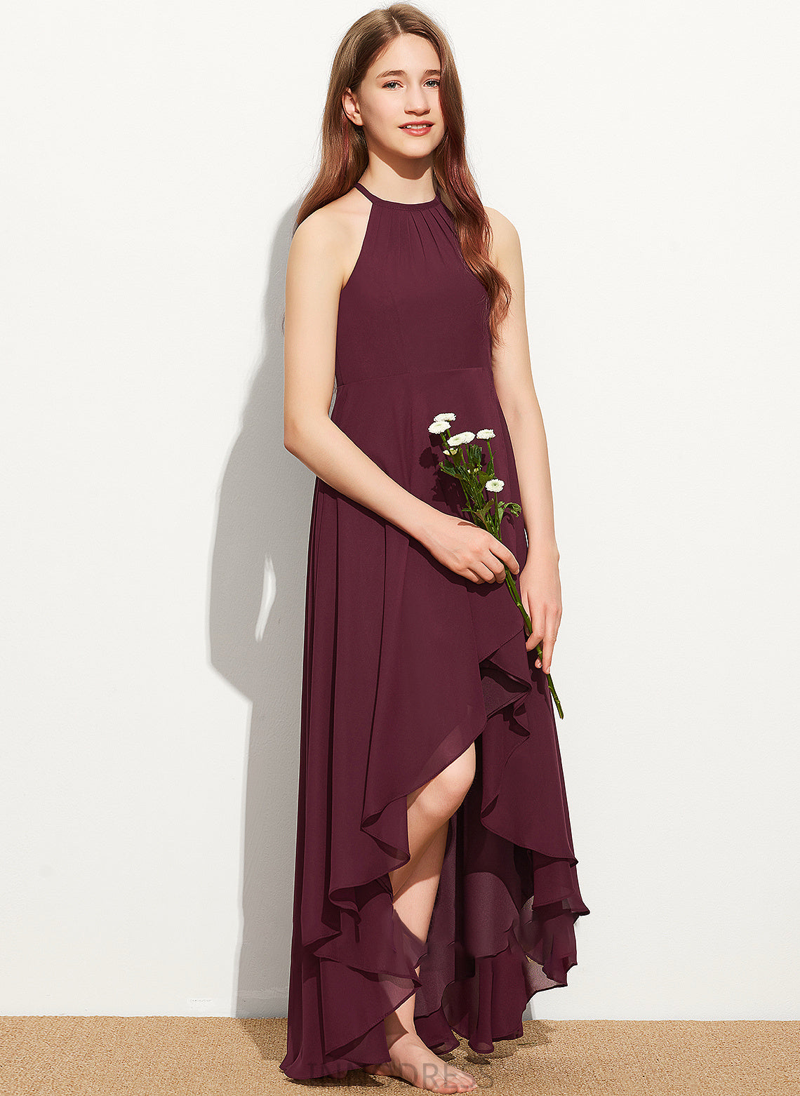 Ruffle Junior Bridesmaid Dresses Asymmetrical Neck A-Line Chiffon With Alannah Scoop