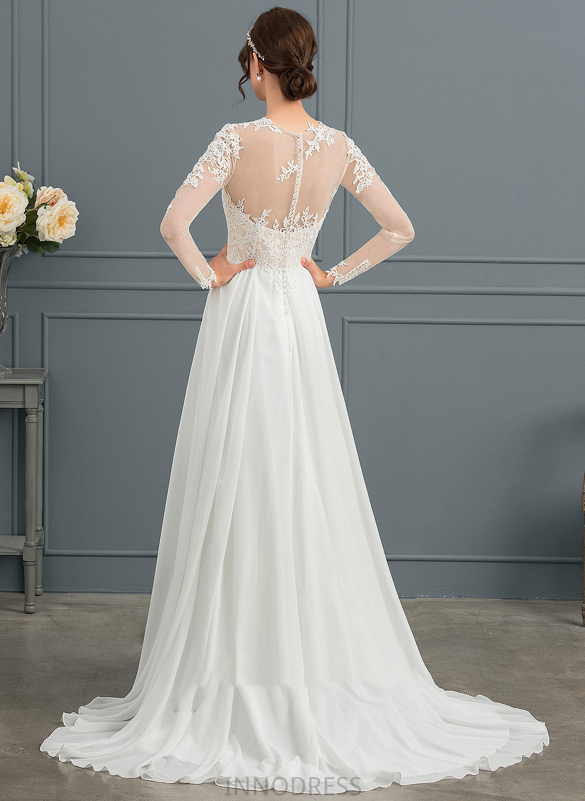 Wedding Dresses Appliques With Train A-Line Chiffon Illusion Dress Split Front Wedding Lace Finley Sweep