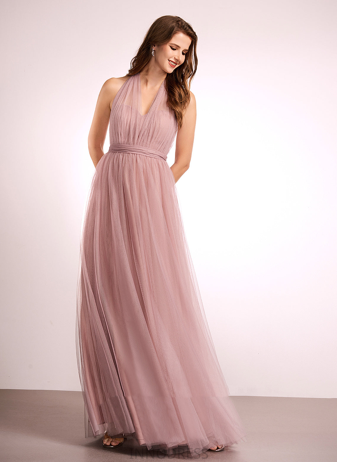 Fabric One-Shoulder Off-the-Shoulder Neckline A-Line Floor-Length Tulle Straps Silhouette V-neck Length Emmalee Bridesmaid Dresses