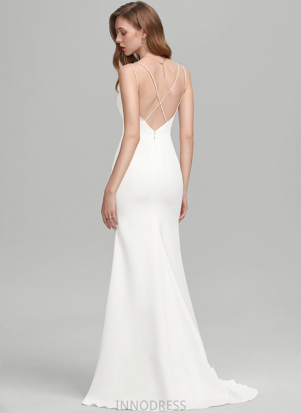 Stretch Sweep Front Crepe Split Sheath/Column V-neck With Faith Bow(s) Wedding Dresses Dress Train Wedding