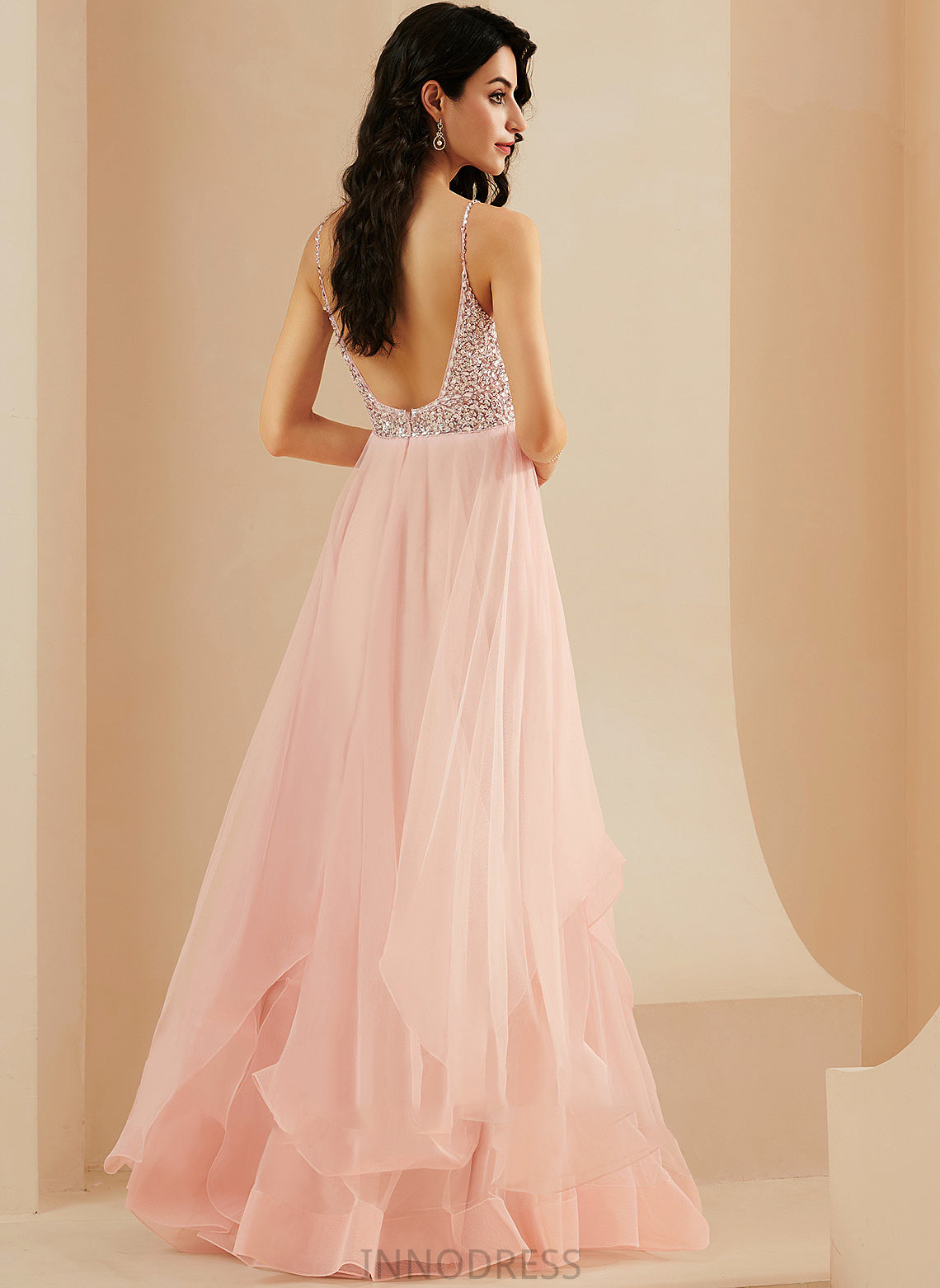 V-neck Beading Floor-Length Tulle Prom Dresses A-Line Heidy Sequins With