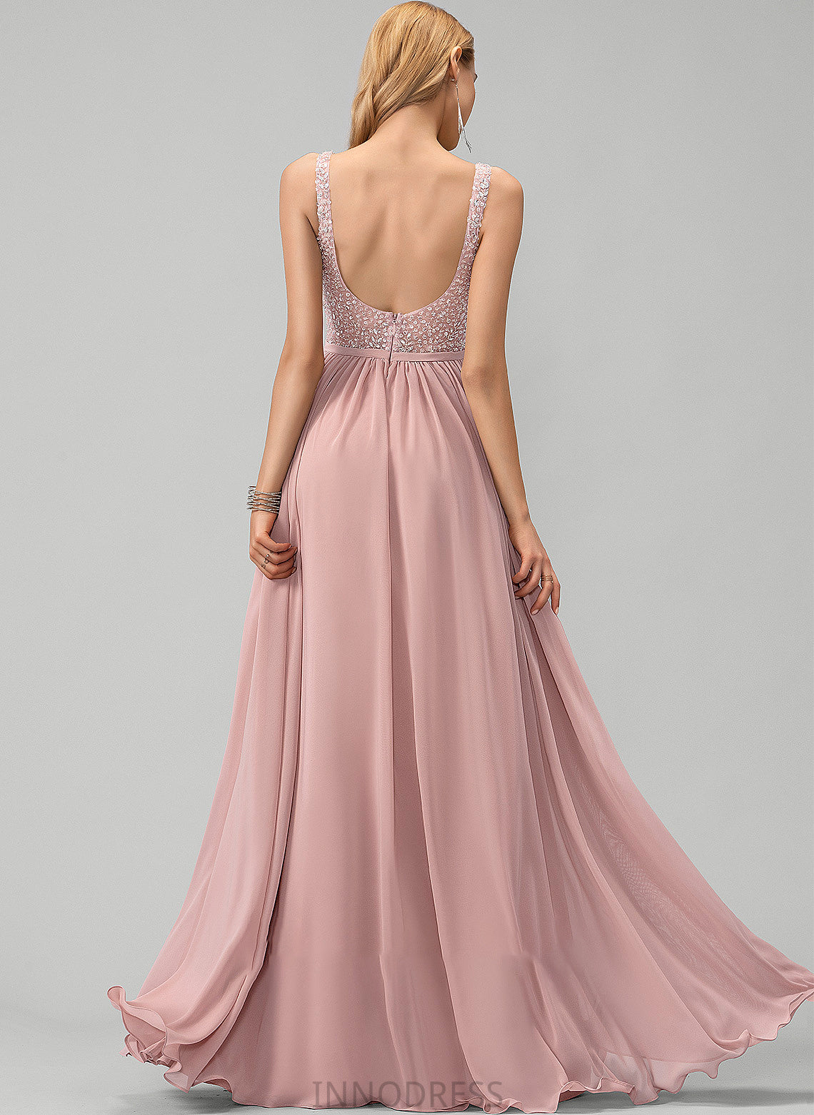 Split V-neck Sequins Floor-Length Beading A-Line Prom Dresses Front Chiffon With Kathryn