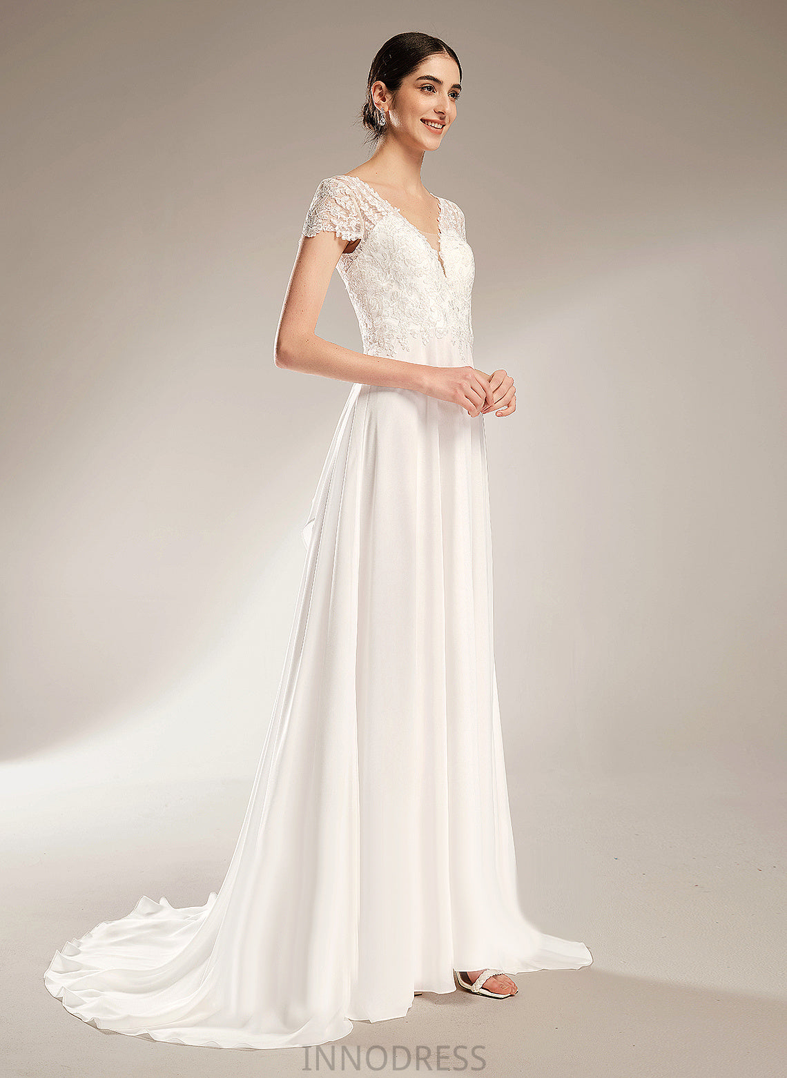 Wedding Lace A-Line With Bow(s) Cloe Court Wedding Dresses Train Chiffon Dress V-neck