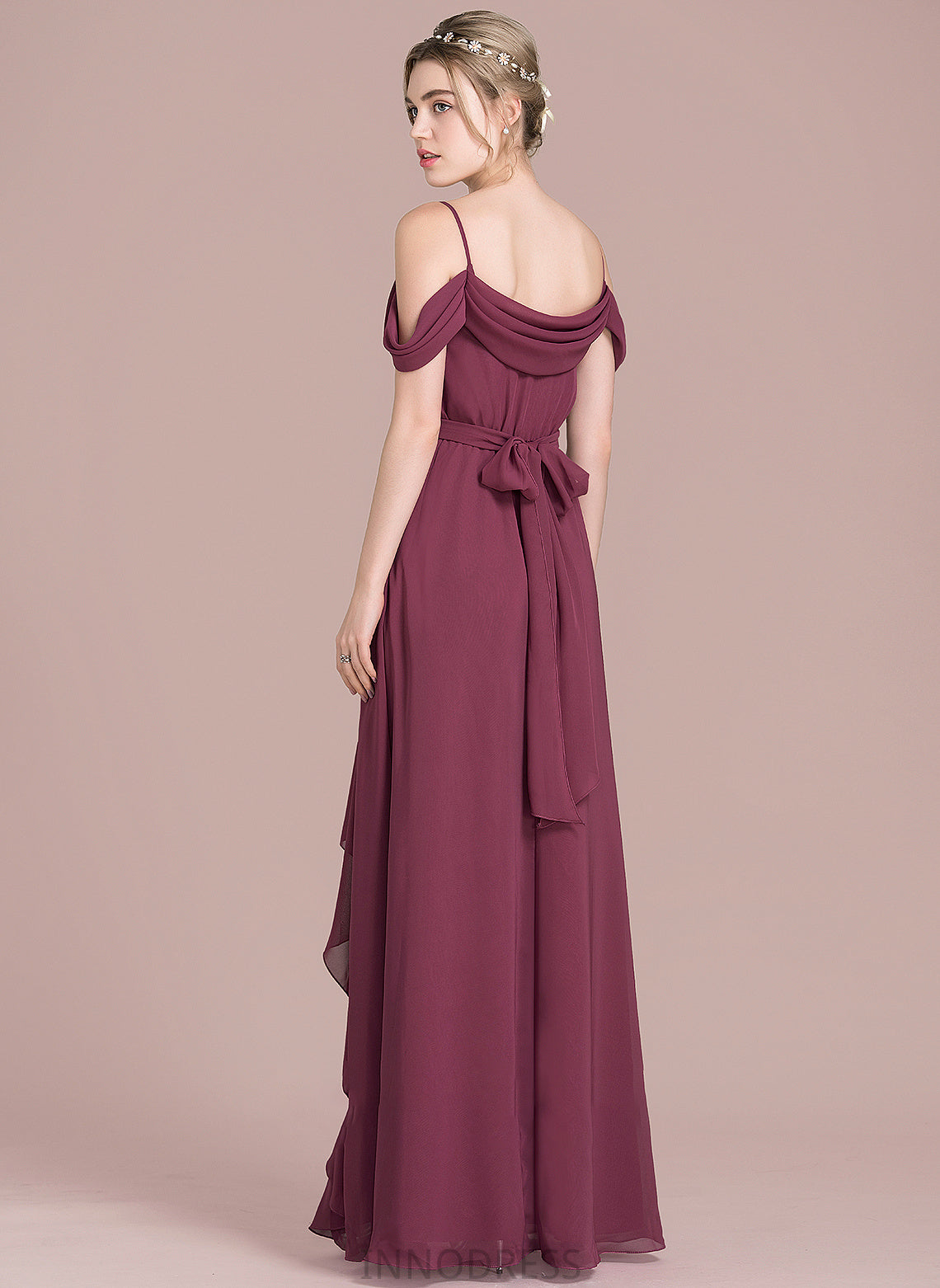 Chiffon Prom Dresses Cascading V-neck Split Ruffles A-Line Front With Floor-Length Bow(s) Simone