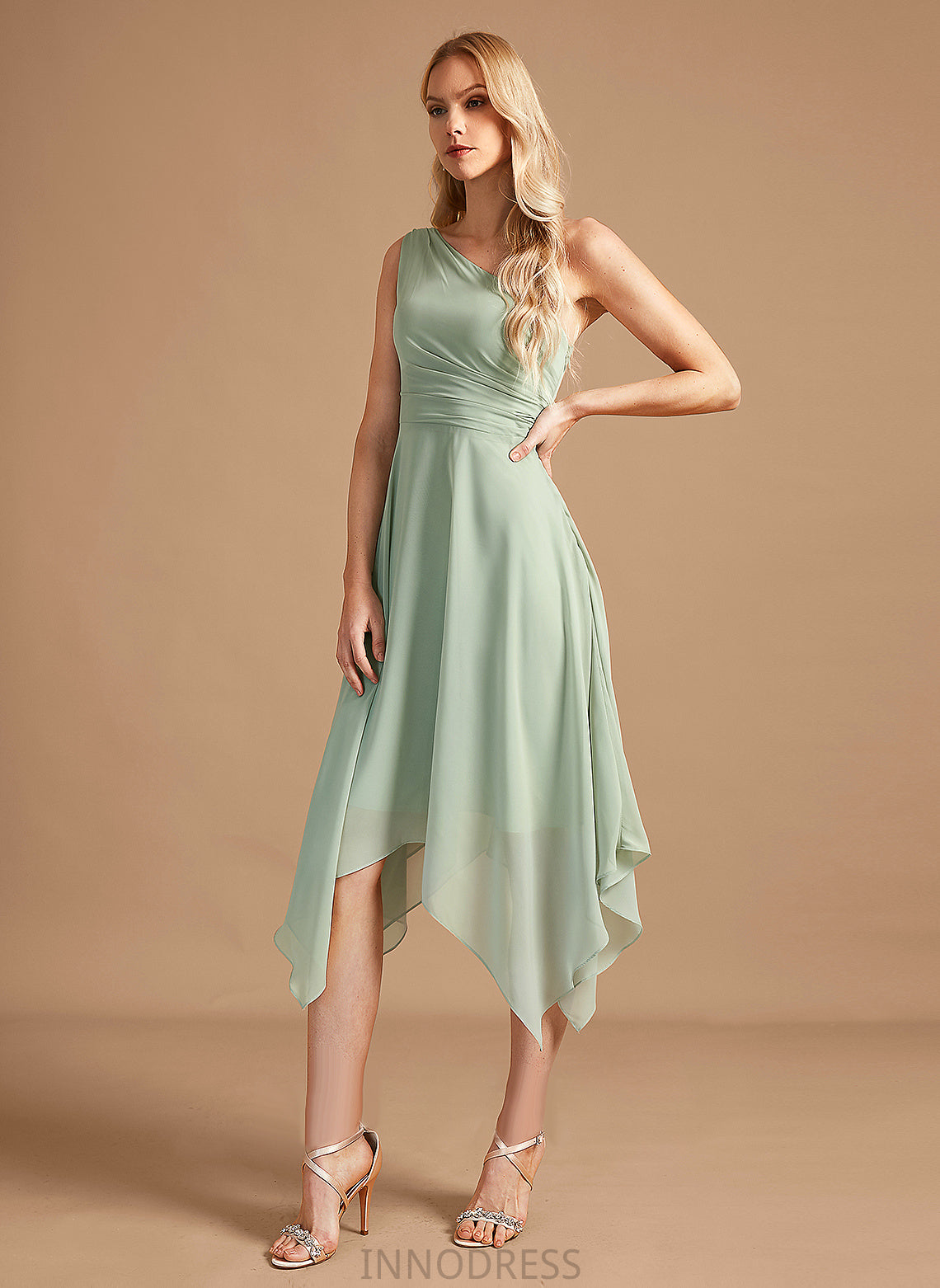 Length Fabric Embellishment Silhouette One-Shoulder Ruffle A-Line Neckline Asymmetrical Regan Floor Length Sleeveless Bridesmaid Dresses