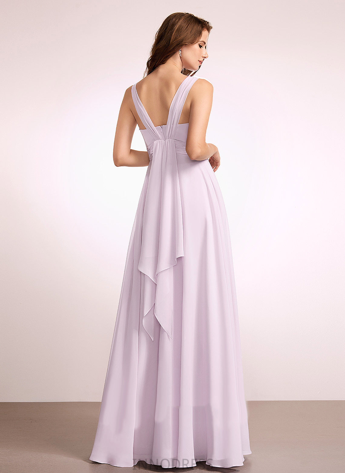 A-Line Embellishment Silhouette Length Fabric Floor-Length Ruffle Neckline V-neck Angelique Natural Waist Sleeveless Bridesmaid Dresses