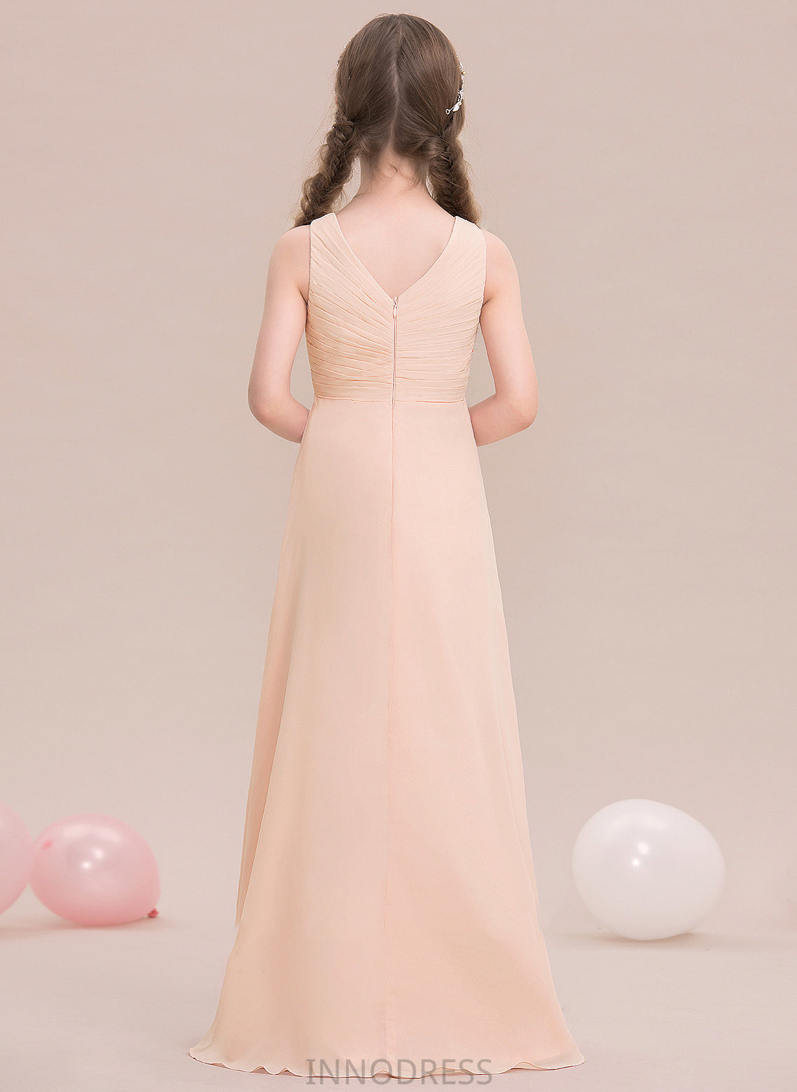 A-Line With V-neck Junior Bridesmaid Dresses Ruffle Chiffon Joyce Floor-Length