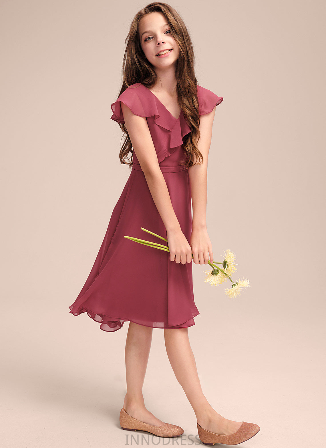 Cascading V-neck Chiffon April Ruffles Junior Bridesmaid Dresses With A-Line Asymmetrical