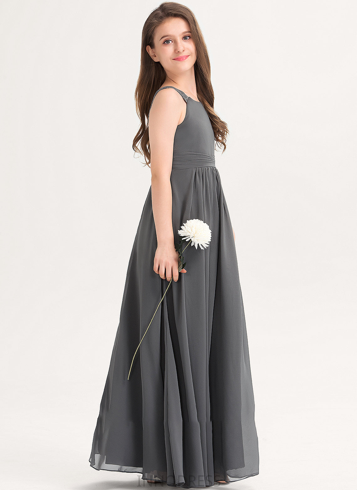 Junior Bridesmaid Dresses Makaila Chiffon Scoop With Neck Floor-Length Lace A-Line Ruffle