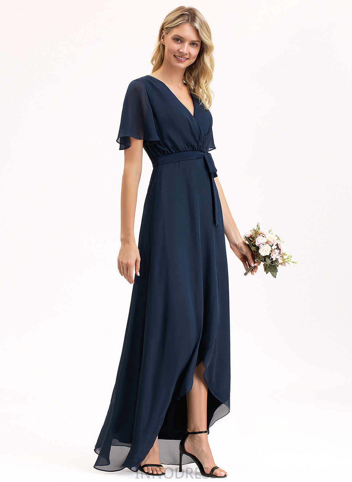 V-neck Silhouette Embellishment Fabric Asymmetrical A-Line Length Neckline Bow(s) Jean Trumpet/Mermaid Natural Waist Bridesmaid Dresses