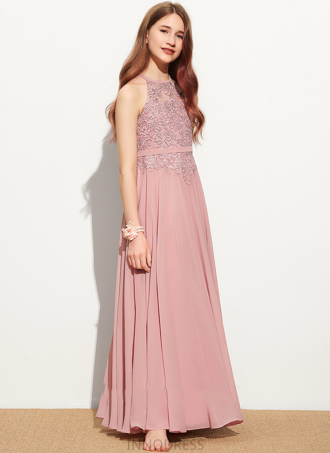 Ann Neck Lace Junior Bridesmaid Dresses A-Line Chiffon Floor-Length Scoop