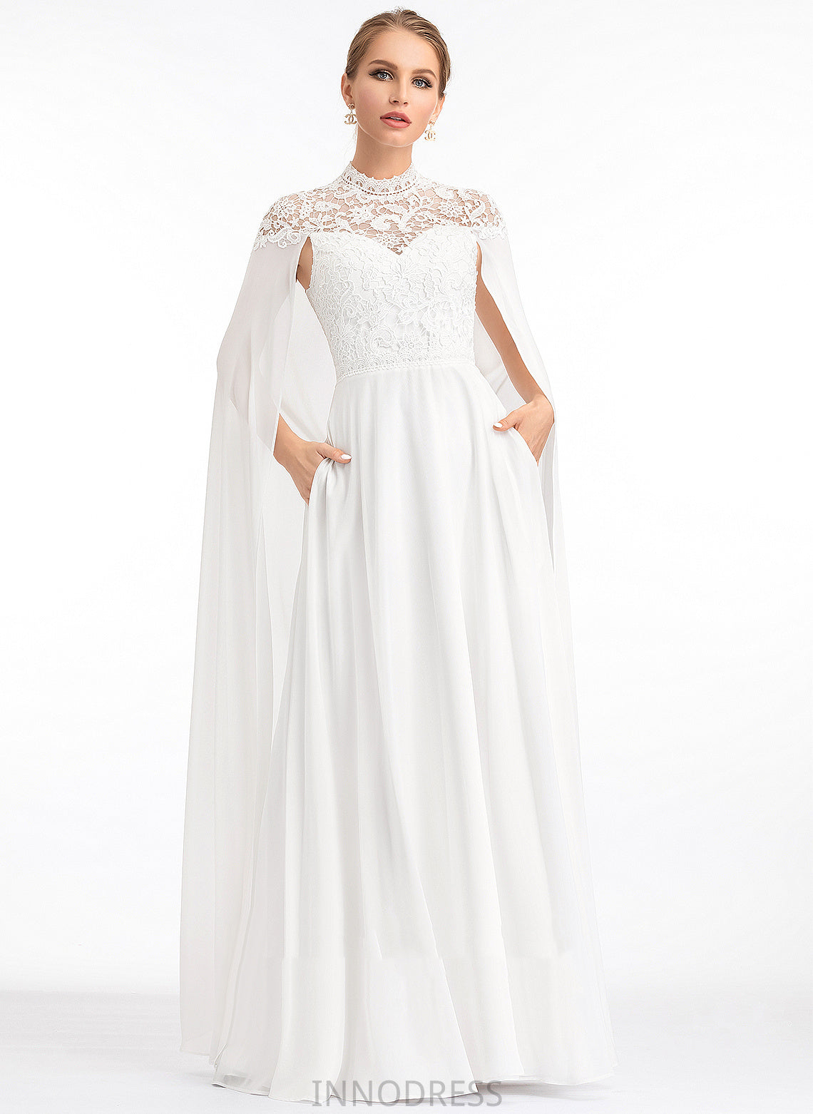 High Faith Wedding Dress Chiffon A-Line Lace Neck Floor-Length Wedding Dresses