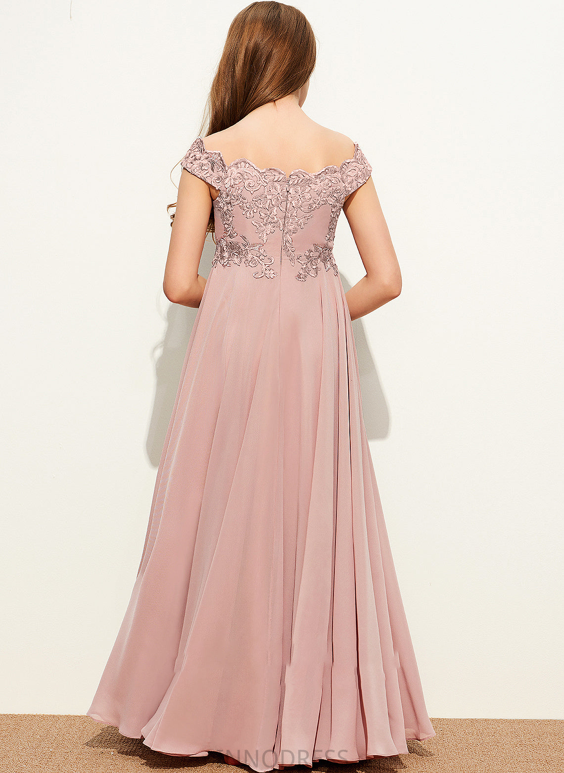 Junior Bridesmaid Dresses A-Line Quintina Off-the-Shoulder Lace Chiffon Floor-Length