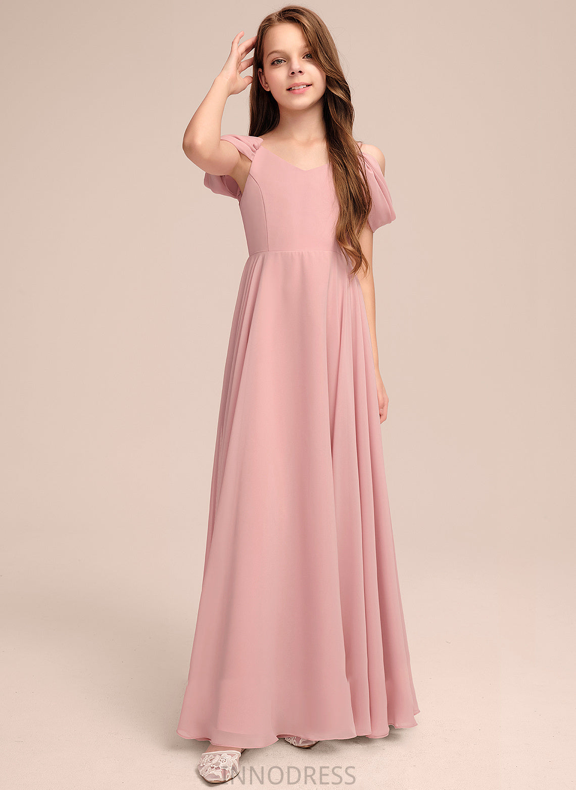 Chiffon Lesly Floor-Length V-neck Junior Bridesmaid Dresses A-Line Ruffle With