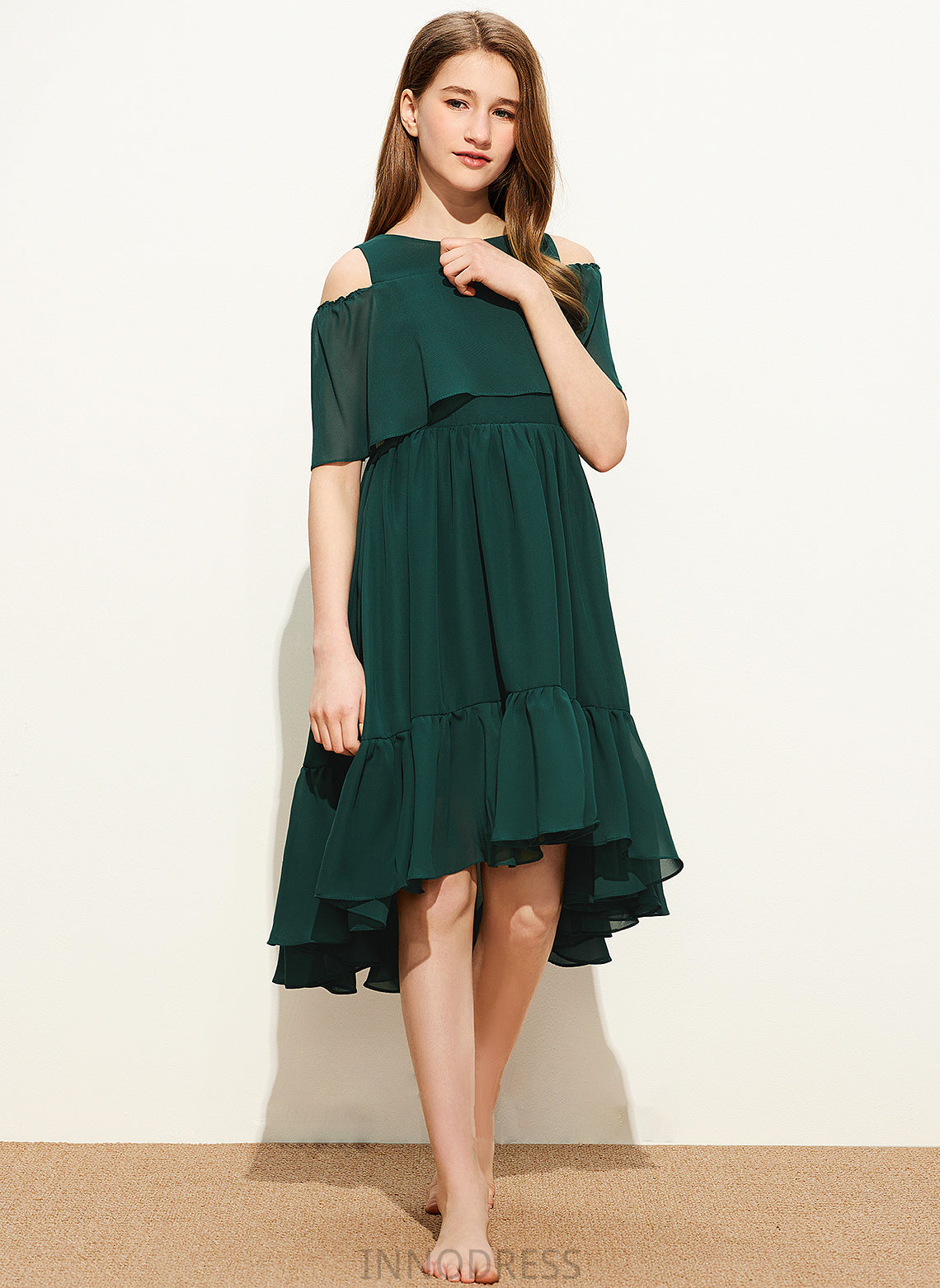 Cascading With Scoop Ruffles Neck Chiffon Asymmetrical Kaylin Junior Bridesmaid Dresses A-Line