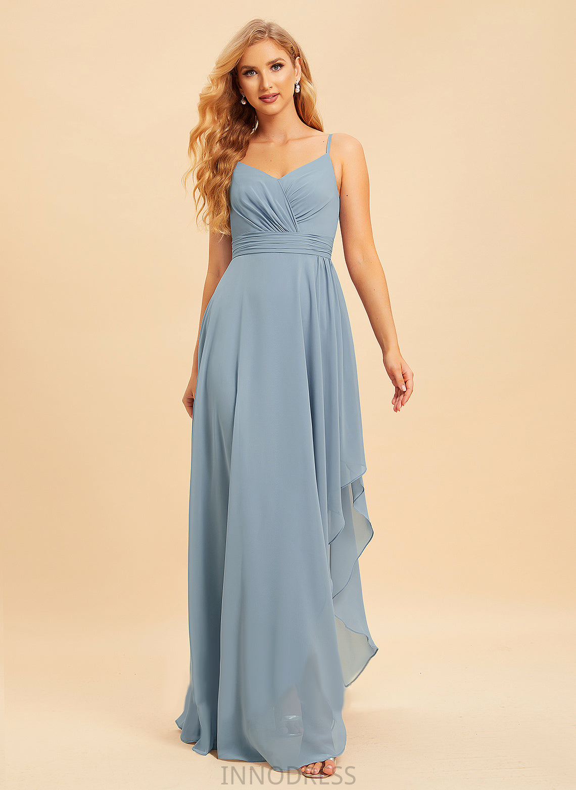 Ruffle V-neck Silhouette A-Line Fabric Embellishment Length Asymmetrical Neckline Ryan Sleeveless Floor Length Bridesmaid Dresses