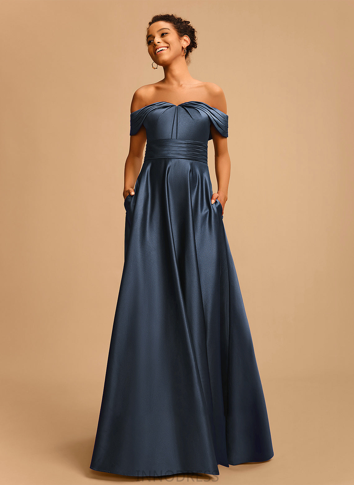 Pleated Off-the-Shoulder A-Line Prom Dresses Tianna With Satin Floor-Length