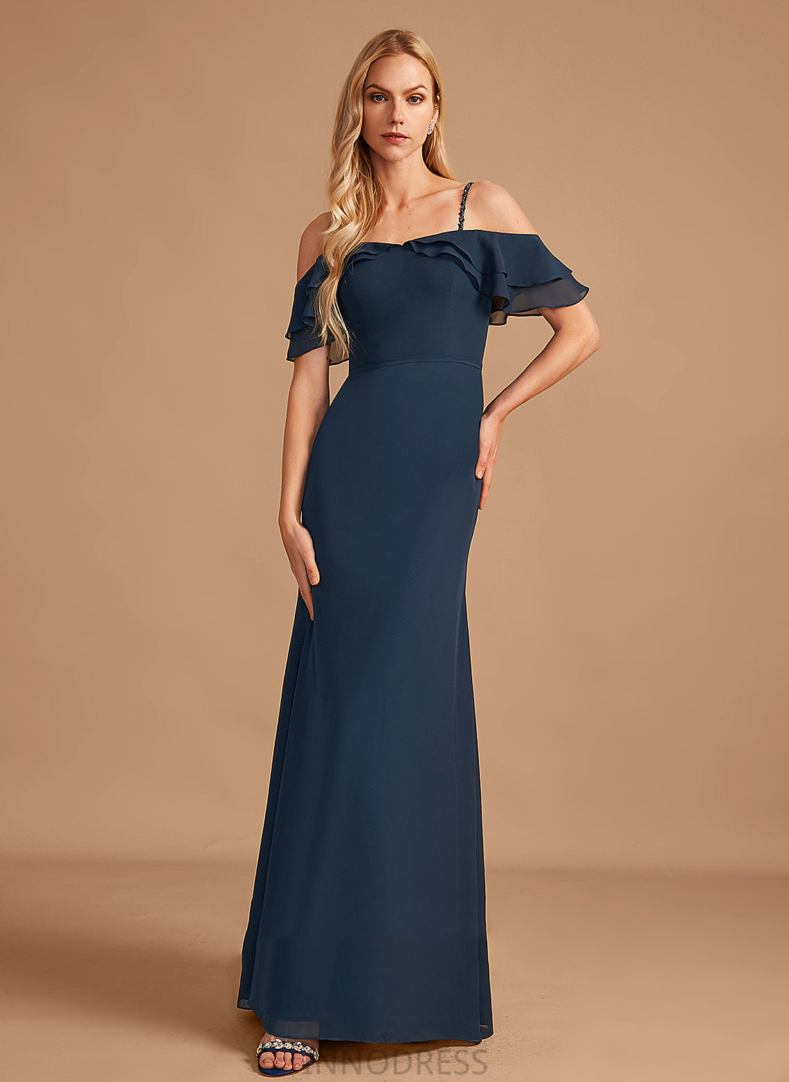 Beading Silhouette Embellishment Neckline Off-the-Shoulder Floor-Length Sheath/Column Fabric Ruffle Length Jaelynn Natural Waist Bridesmaid Dresses