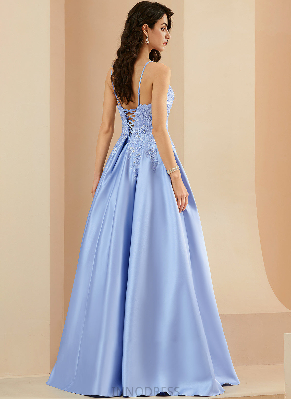 Prom Dresses V-neck Satin Carlee Beading Sequins With Floor-Length Ball-Gown/Princess