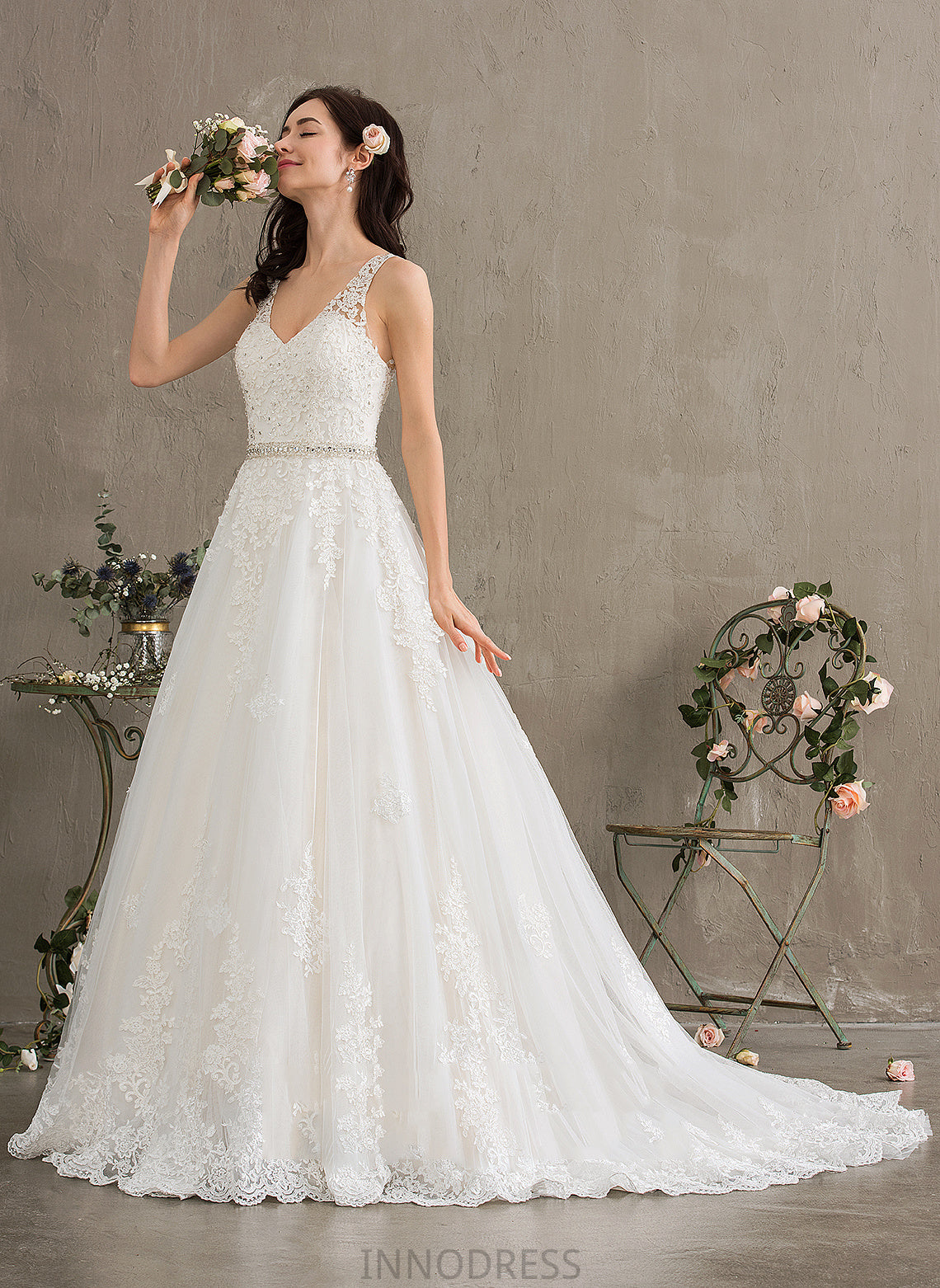 Beading Ball-Gown/Princess Lace With Tulle V-neck Wedding Train Court Dress Sequins Wedding Dresses Jasmine