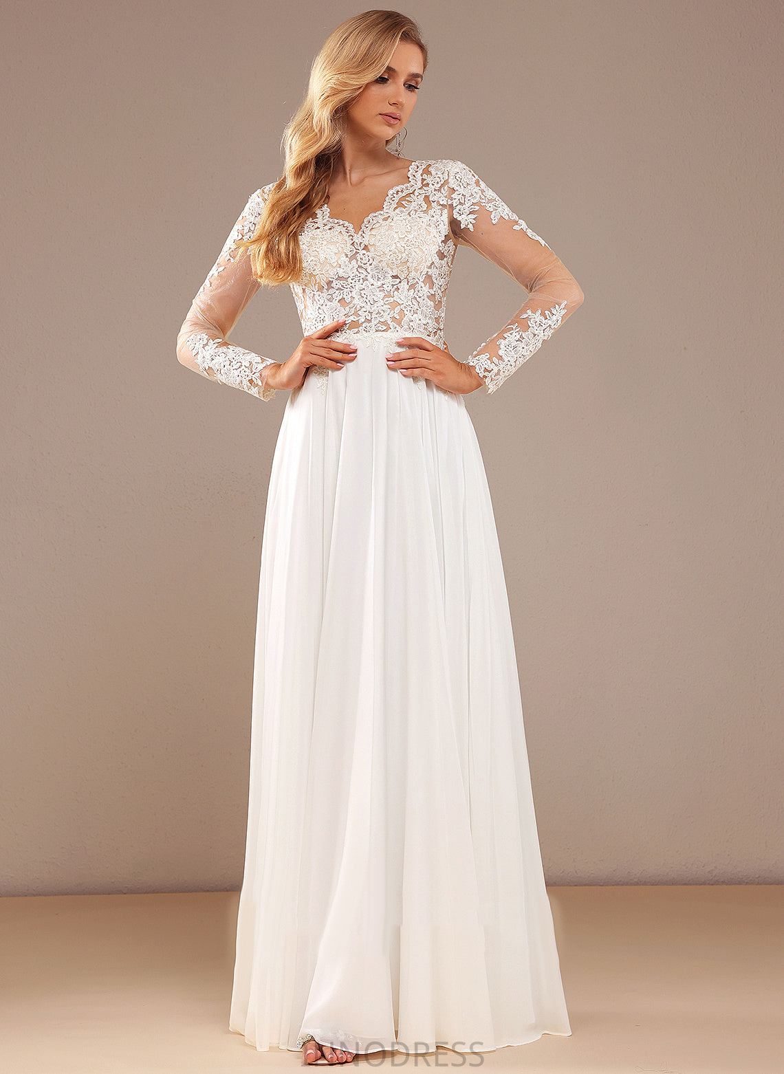 Sequins Wedding Dresses Kristina Chiffon Wedding V-neck A-Line Floor-Length Lace Dress Lace With