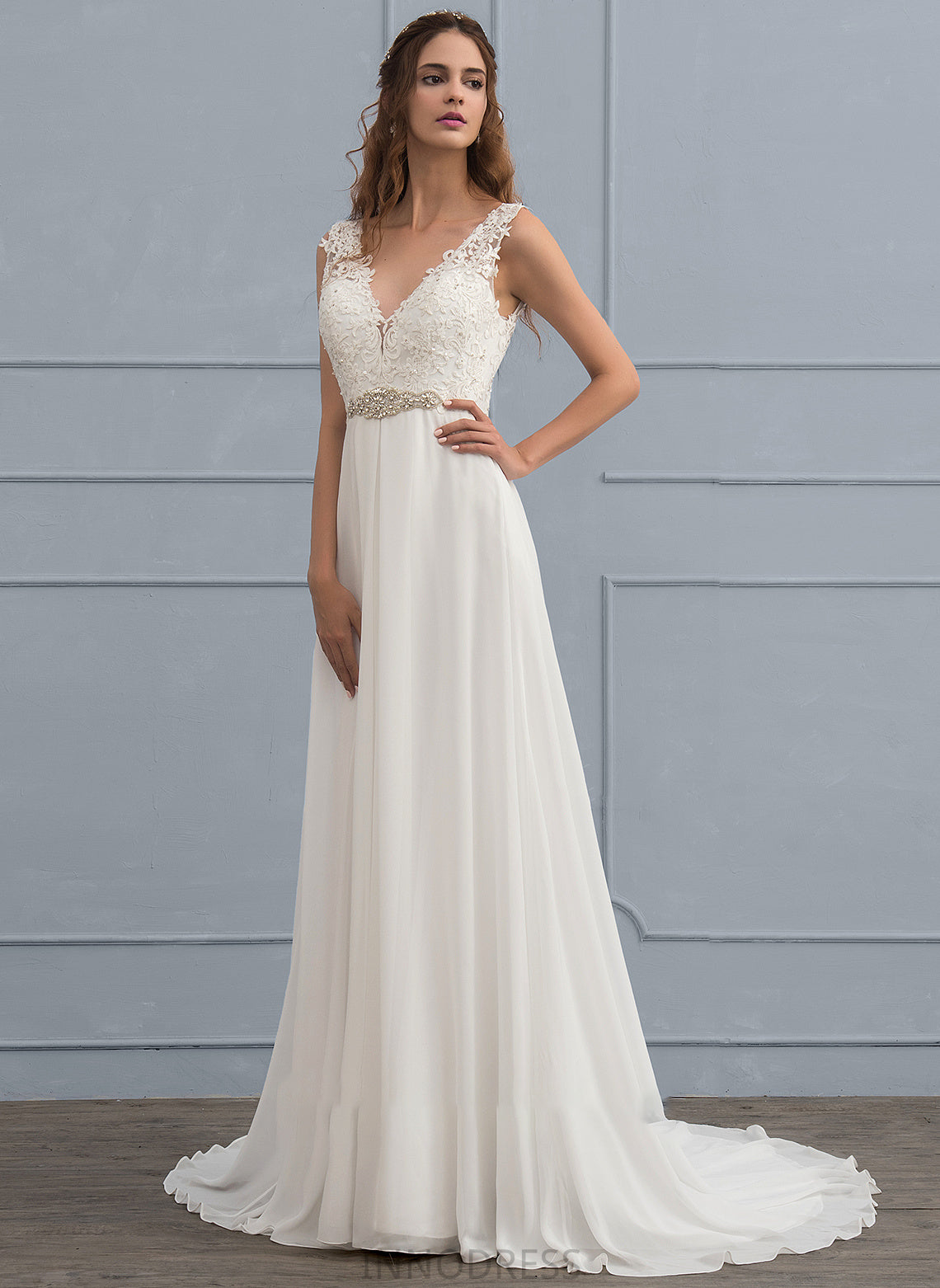 Elaina Court Chiffon Wedding Dress Wedding Dresses A-Line Sequins Beading Train With V-neck