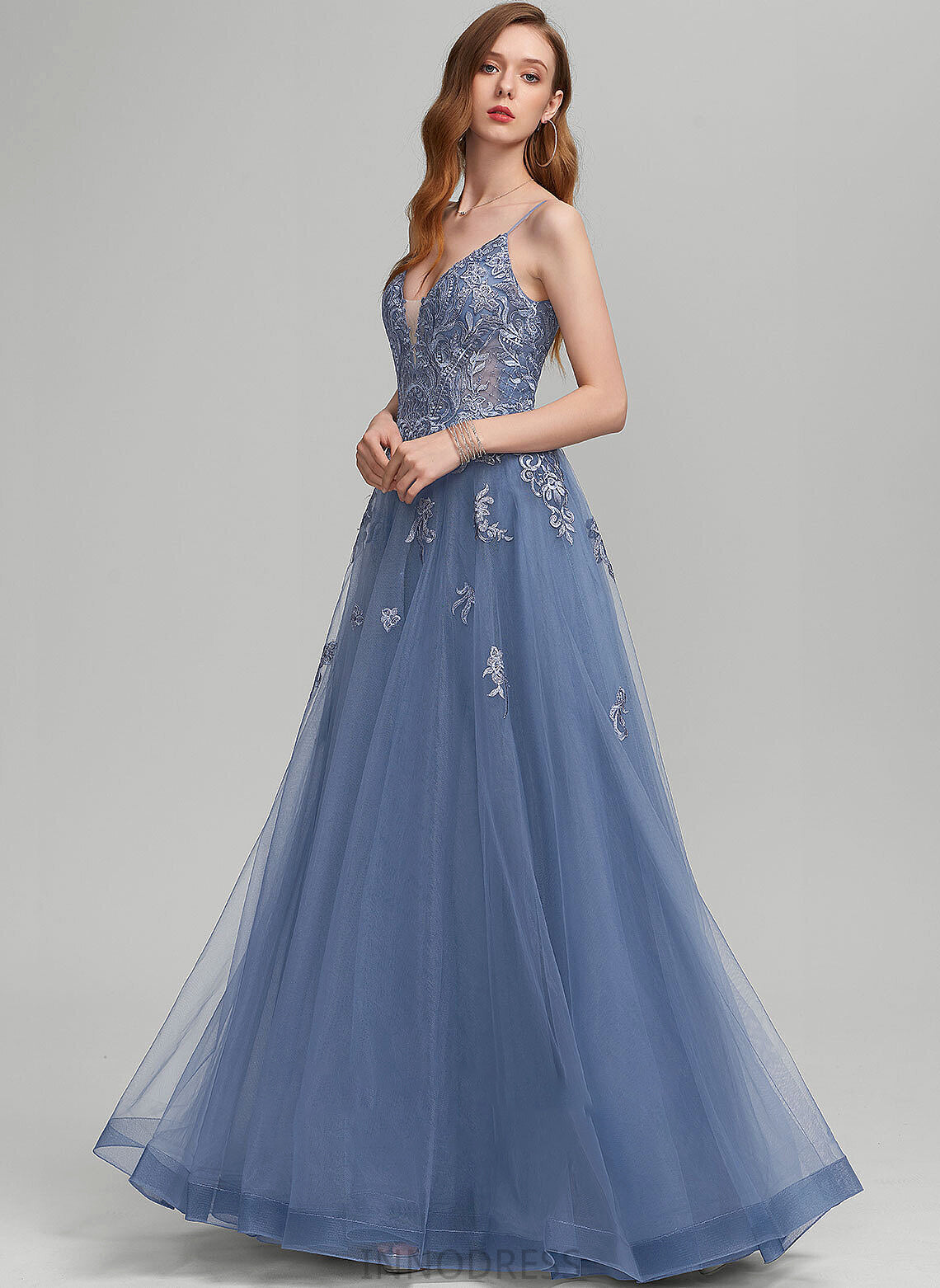 Sequins Claire Tulle A-Line With Prom Dresses Floor-Length V-neck