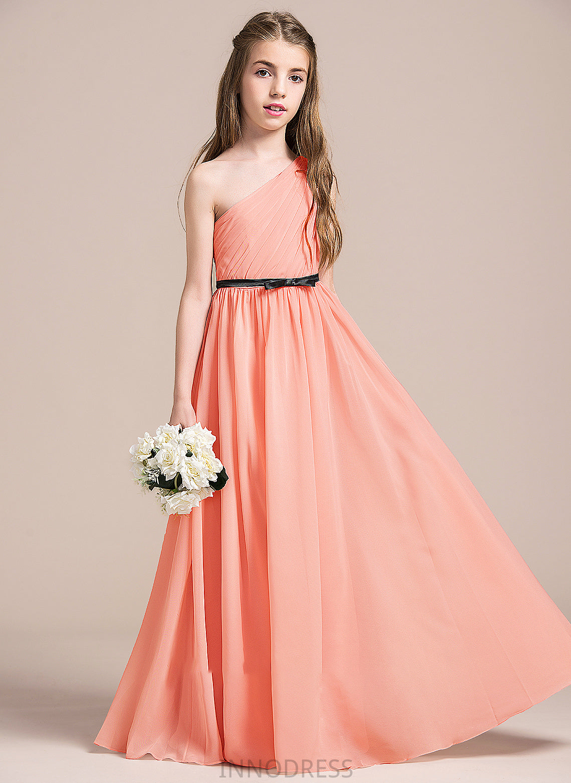 With Ruffle Floor-Length A-Line Junior Bridesmaid Dresses One-Shoulder Chiffon Jessica Bow(s)