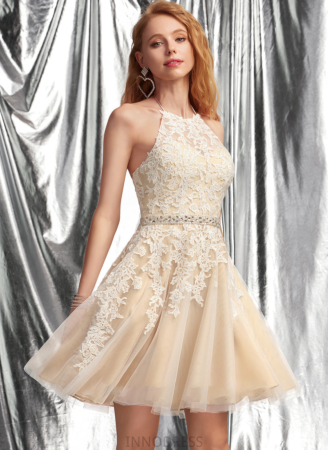 Beading Short/Mini A-Line With Sequins Tulle Prom Dresses Halter Lace Katelyn