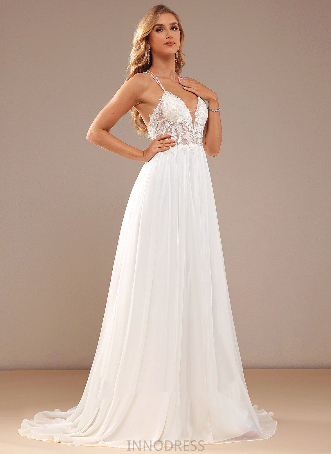 Wedding Lace Sweep Wedding Dresses With Lucia Dress A-Line V-neck Chiffon Sequins Beading Train Lace