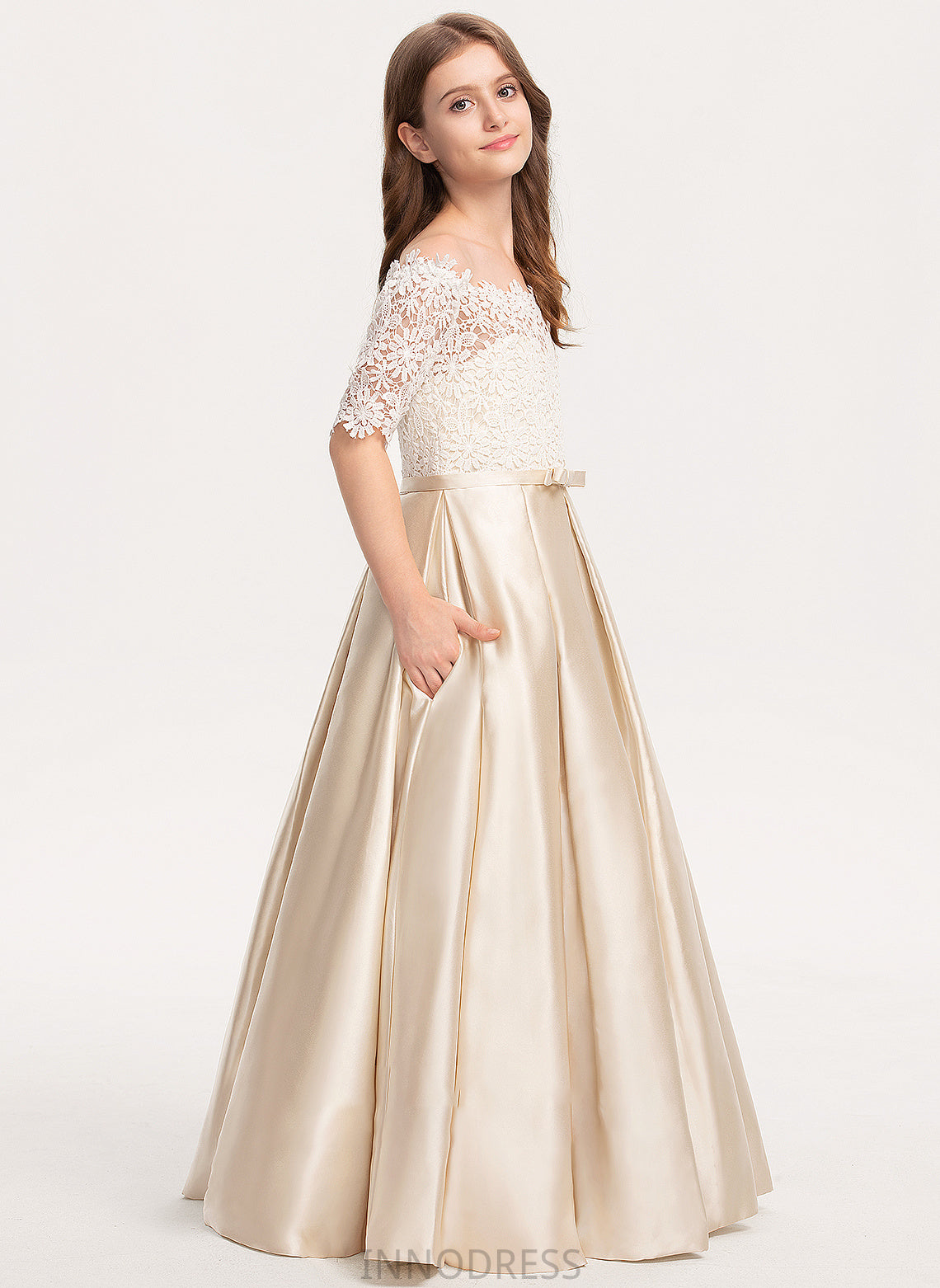 Ball-Gown/Princess Evie Junior Bridesmaid Dresses Floor-Length Lace Satin Bow(s) Off-the-Shoulder Pockets With