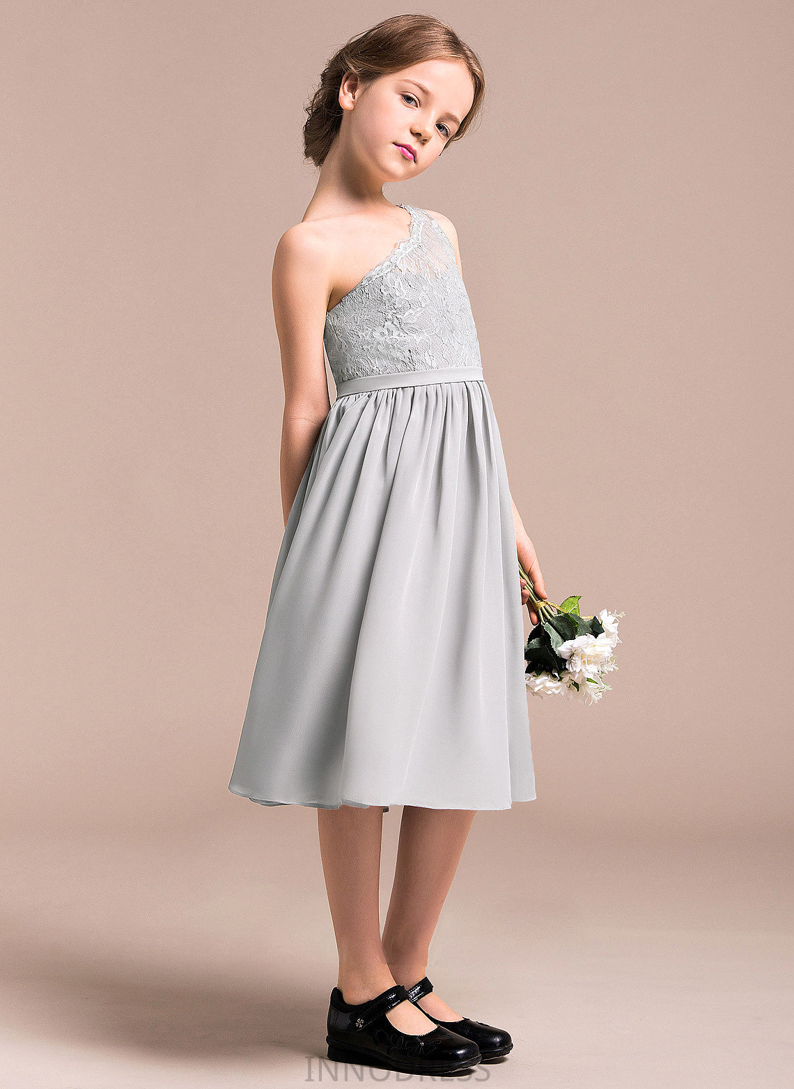 Arianna A-Line Lace Junior Bridesmaid Dresses One-Shoulder Chiffon Knee-Length