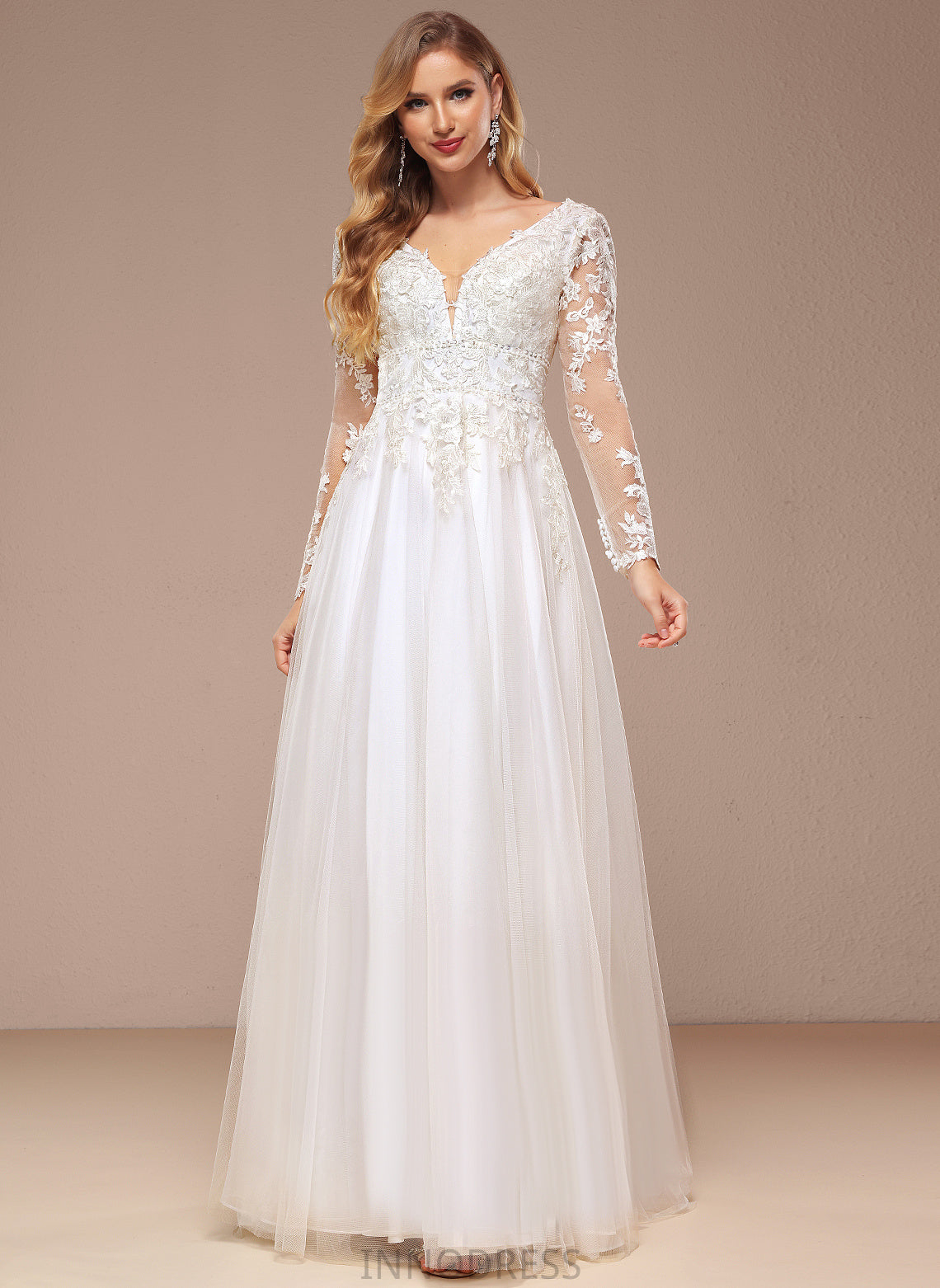 Beading A-Line Floor-Length Tulle V-neck Lace Wedding Dresses Jessica With Sequins Wedding Dress