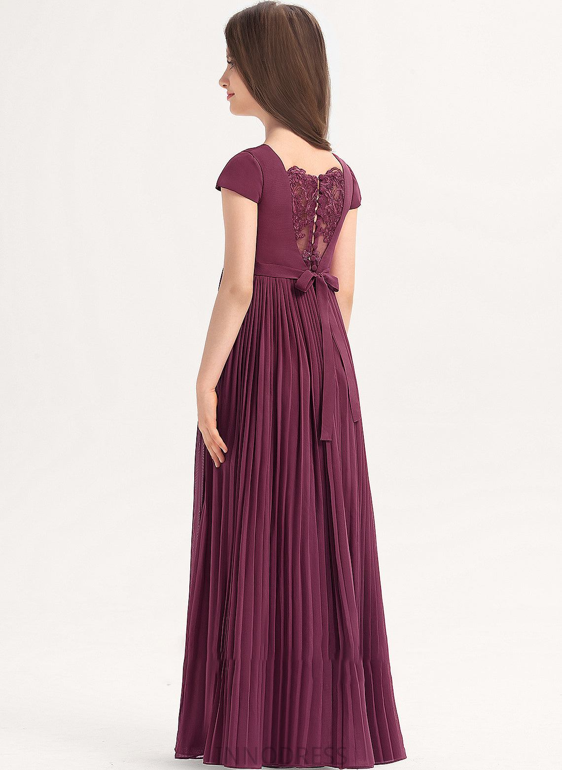 Bow(s) Chiffon Junior Bridesmaid Dresses Floor-Length Square Dalia Lace Pleated Neckline A-Line With