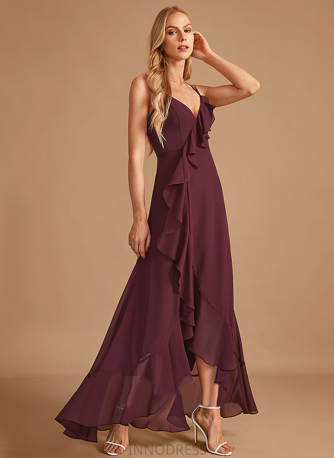 Silhouette V-neck Fabric SplitFront A-Line Asymmetrical Neckline Length Embellishment Ruffle Kristina Sleeveless Bridesmaid Dresses